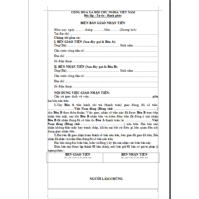 Biên bản giao nhận, thanh toán A4 in 3 bản