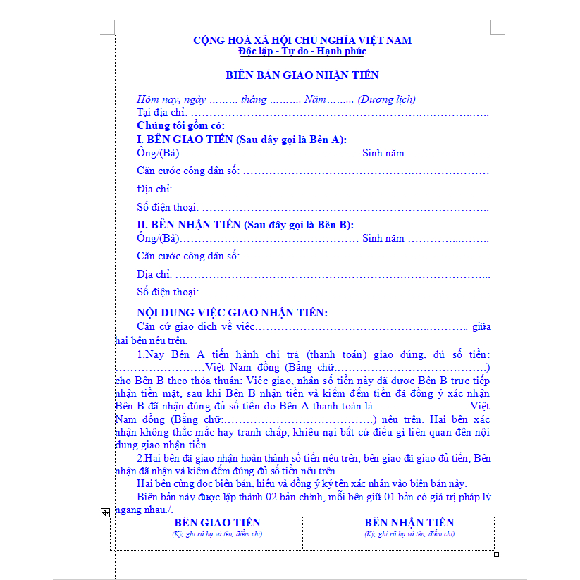 Biên bản giao nhận, thanh toán A4 in 3 bản