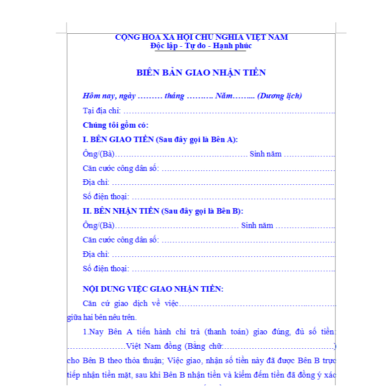 Biên bản giao nhận, thanh toán A4 in 3 bản