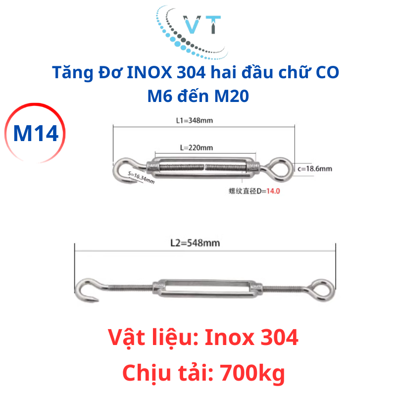Tăng Đơ INOX 304 hai đầu chữ CO M6 đến M12