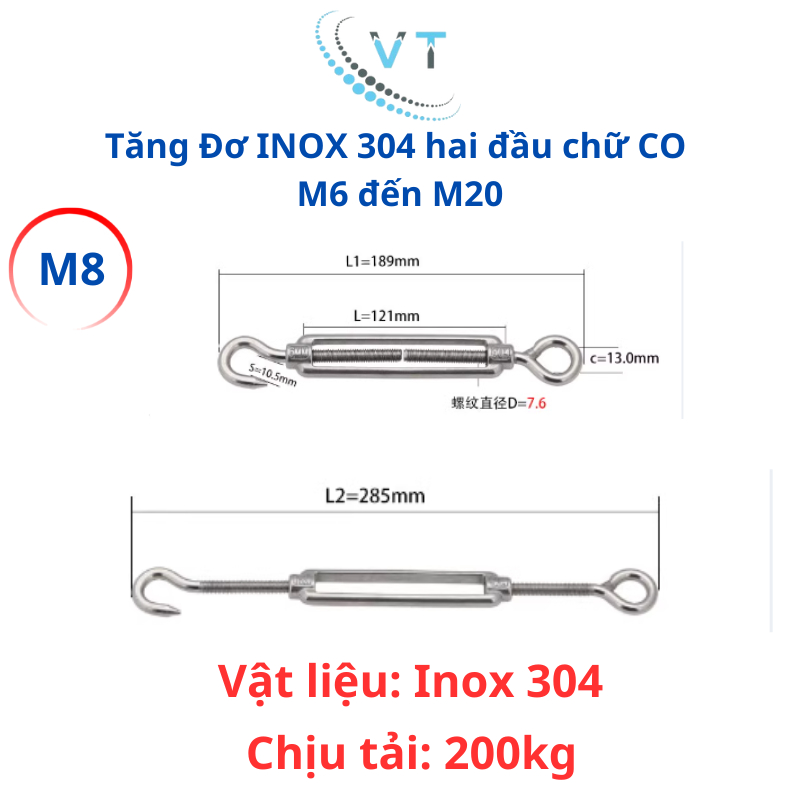 Tăng Đơ INOX 304 hai đầu chữ CO M6 đến M12