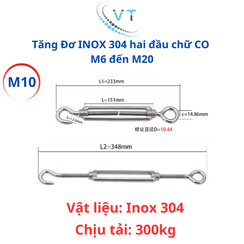 Tăng Đơ INOX 304 hai đầu chữ CO M6 đến M12