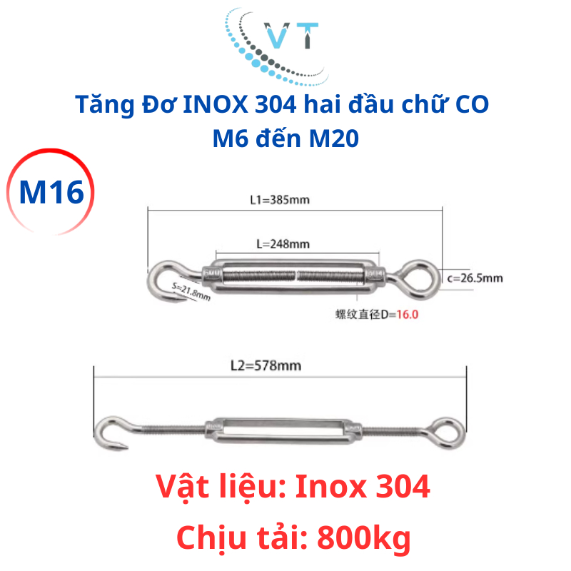 Tăng Đơ INOX 304 hai đầu chữ CO M6 đến M12