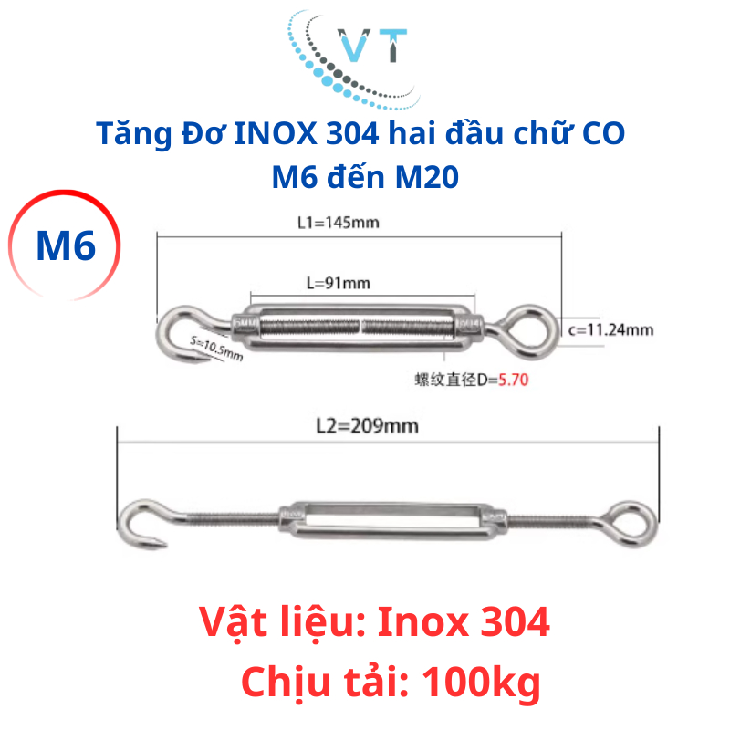 Tăng Đơ INOX 304 hai đầu chữ CO M6 đến M12