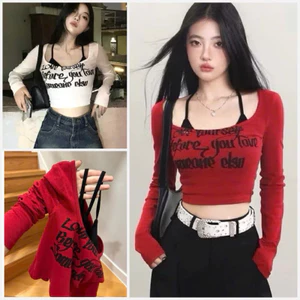Áo Croptop Nữ Dài Tay Phối Yếm . Set Áo Croptop In Chữ Dáng Ôm Body Phong Cách Hàn Quốc