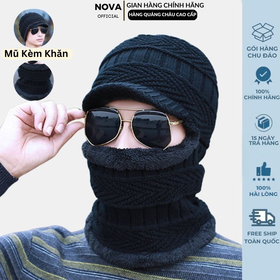 Mũ len nam nữ trùm đầu nón len nam nữ mùa đông kèm khăn quàng cổ chất ...