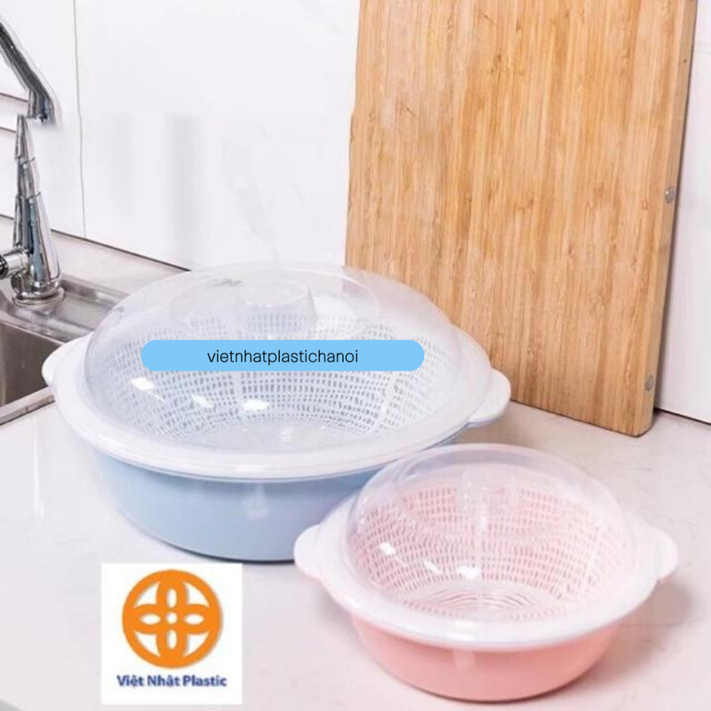 Rổ nắp bầu dục Việt Nhật,bộ rổ nhựa kèm chậu có nắp đậy rửa rau hoa quả ...