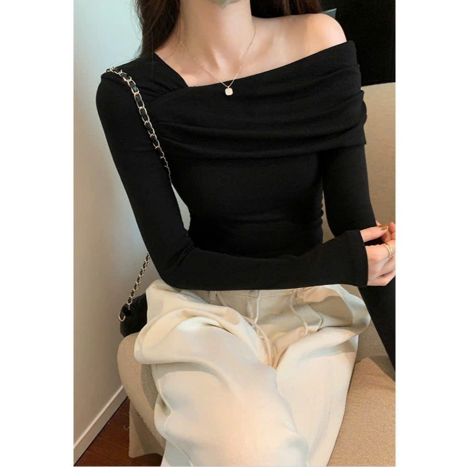 [CÓ SIZE] Áo Thun Trễ Vai Dài Tay RANSHI Thiết Kế Lệch Vai Ôm Body Sexy Dễ Phối Chất Thun Gân Dày Dặn