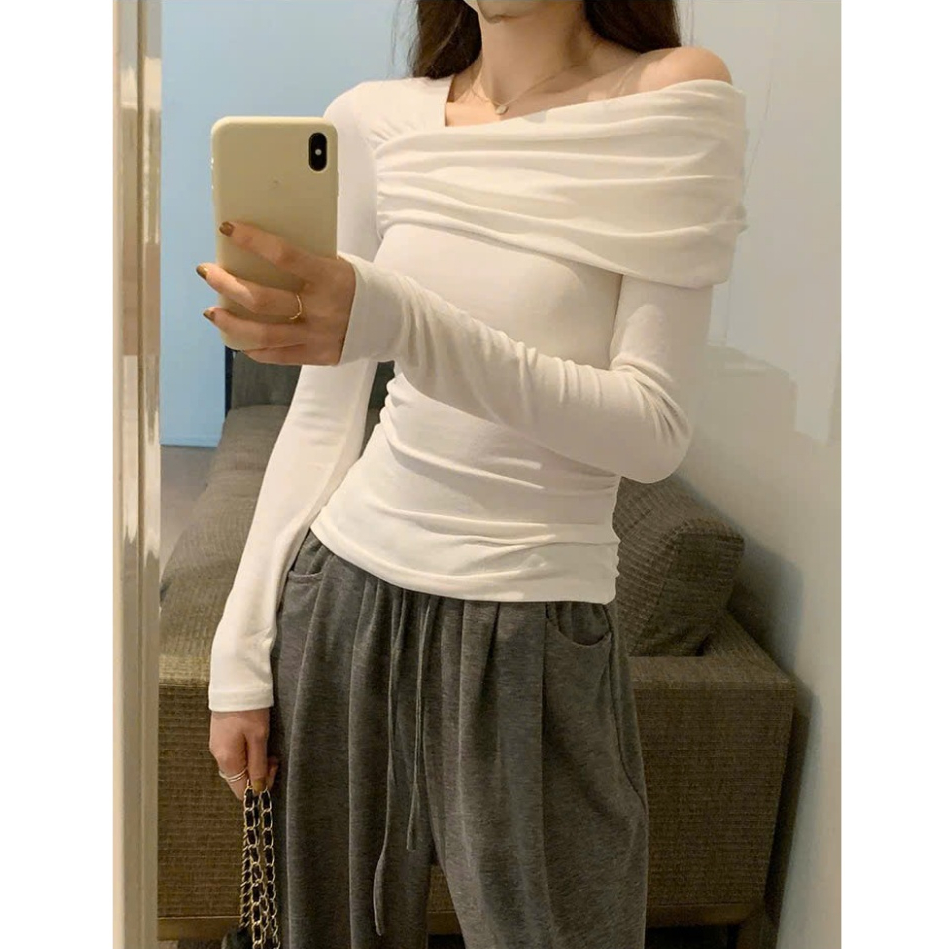 [CÓ SIZE] Áo Thun Trễ Vai Dài Tay RANSHI Thiết Kế Lệch Vai Ôm Body Sexy Dễ Phối Chất Thun Gân Dày Dặn