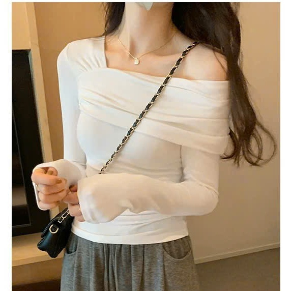 [CÓ SIZE] Áo Thun Trễ Vai Dài Tay RANSHI Thiết Kế Lệch Vai Ôm Body Sexy Dễ Phối Chất Thun Gân Dày Dặn