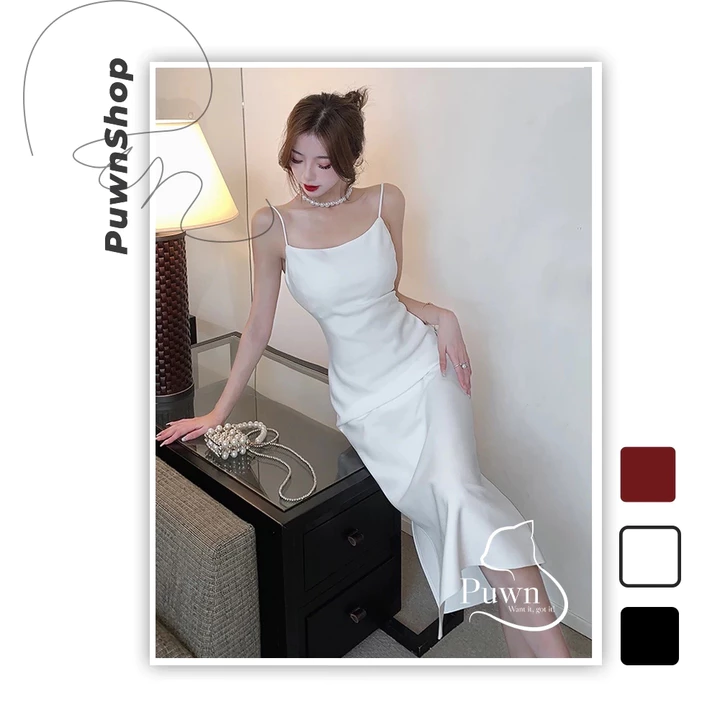 Váy lụa hai dây cổ tròn tiểu thư xẻ tà thanh lịch, quý phái, dự tiệc, prom, sexy Puwn Shop