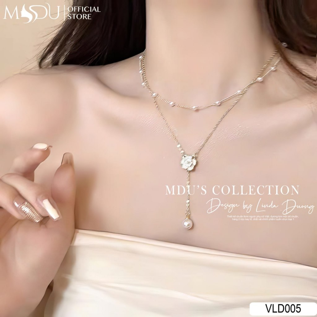 ADELA DESIGN Dây Chuyền Hai Lớp Đính Hoa Trà Và Hạt Ngọc Trai Sang Trọng. VLD005