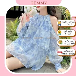 Set đồ nữ sang chảnh quần đùi, set tiểu thư trễ vai, áo voan cổ yếm có ống tay dài thiết kế hở vai kèm quần đùi - GEMMY