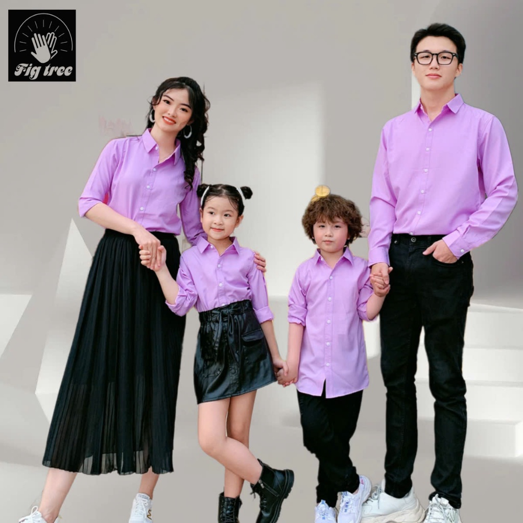 Combo Sơ Mi Váy Gia Đình Fig Tree Màu Tím Cà (Mẹ váy Cánh tiên Trendy - hàng thiết kế)