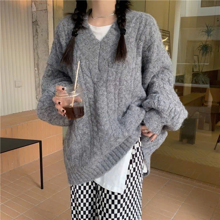 Áo len nữ mùa đông form rộng dáng dài thiết kế tay bồng phối cổ chữ V hottrend hàng QCCC BA SP55