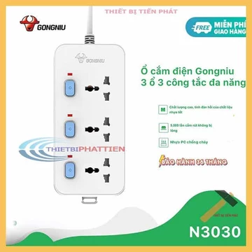 Ổ Cắm Điện GONGNIU Chính Hãng GNVN-N3030 Chống Cháy, Chống Sét 3 Lỗ Đa Năng 3 Công Tắc Lõi Đồng Dây Dài 3m Và 5m Có Đèn