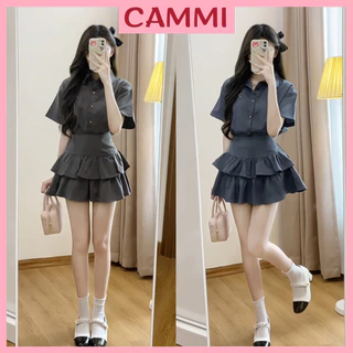 Set áo sơ mi tay cộc thêu nơ kèm chân váy(có quần bảo hộ) 2 tầng nhún xoè hottrend HB907