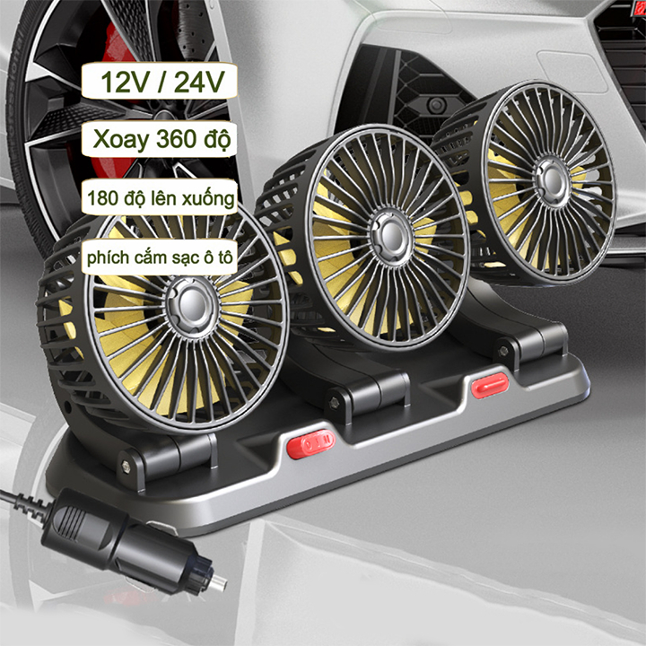 Quạt ô tô 3 hướng 10W ba đầu xoay 360 độ tiện ích trên xe hơi, bàn làm việc