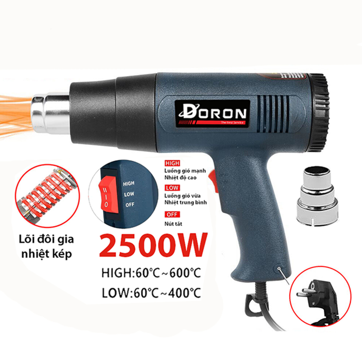 Máy khò nhiệt cầm tay, máy thổi hơi nóng DORON 2500W gia nhiệt kép nóng nhanh, khí thổi mạnh