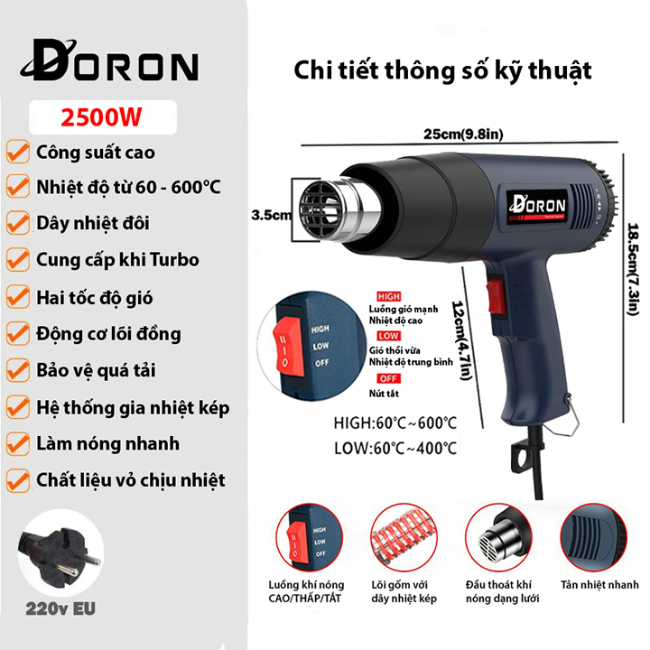 Máy khò nhiệt, máy khò nhiệt cầm tay DORON 2200W đa năng bọc giỏ quà, dán decal, đóng seal
