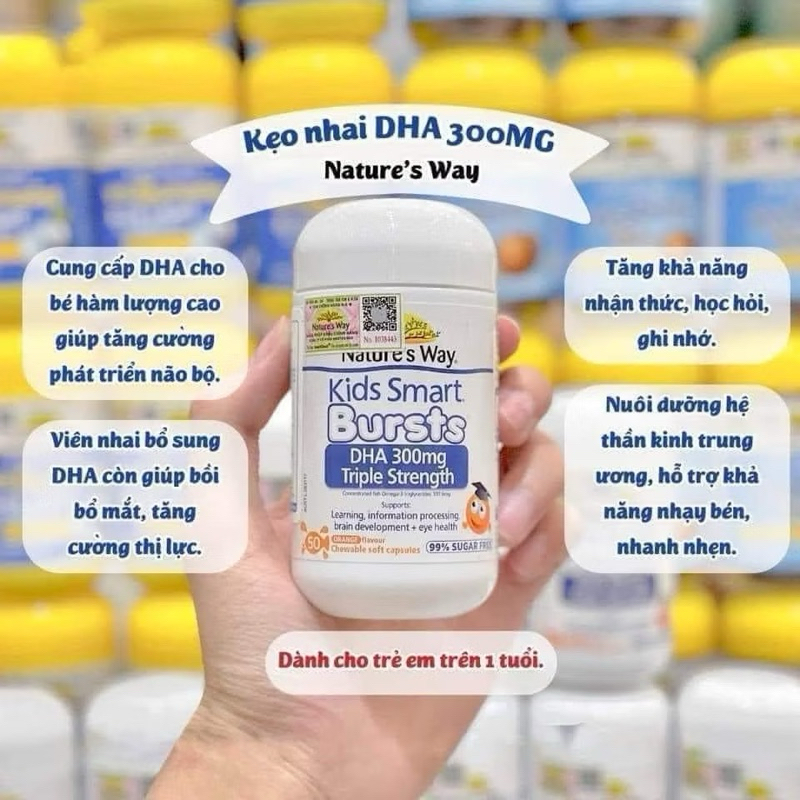 Viên nhai kẹo Nature's Way Kids Smart Bursts DHA 300mg Triple Strength hỗ trợ phát triển não bộ cho bé 50 viên