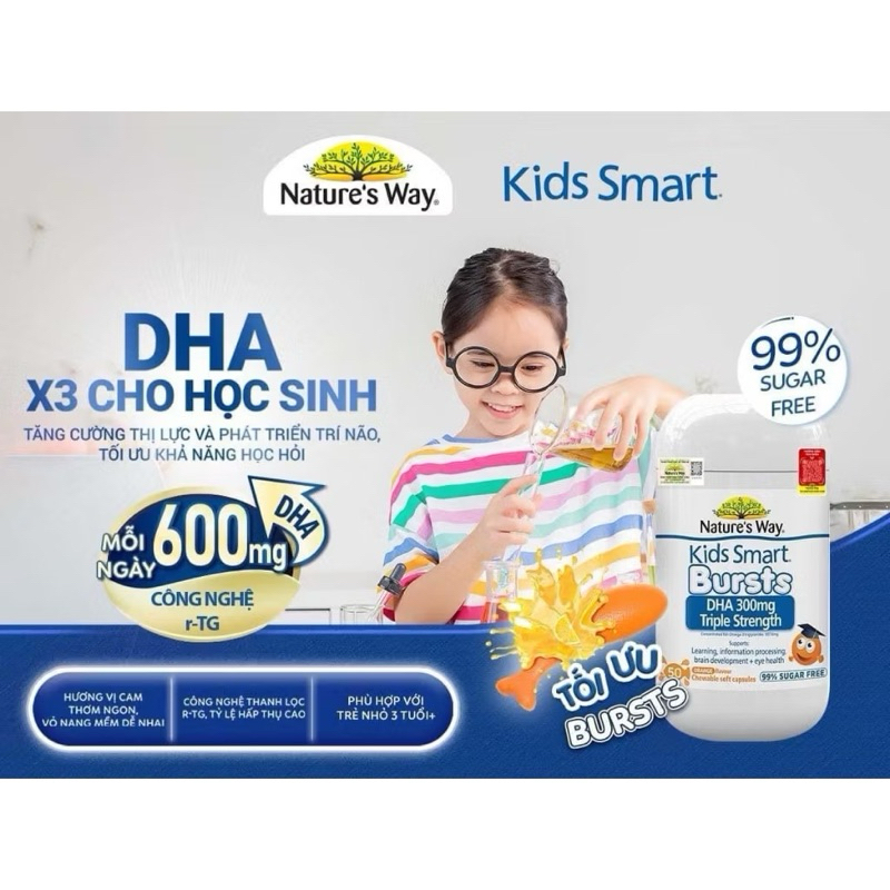 Viên nhai kẹo Nature's Way Kids Smart Bursts DHA 300mg Triple Strength hỗ trợ phát triển não bộ cho bé 50 viên