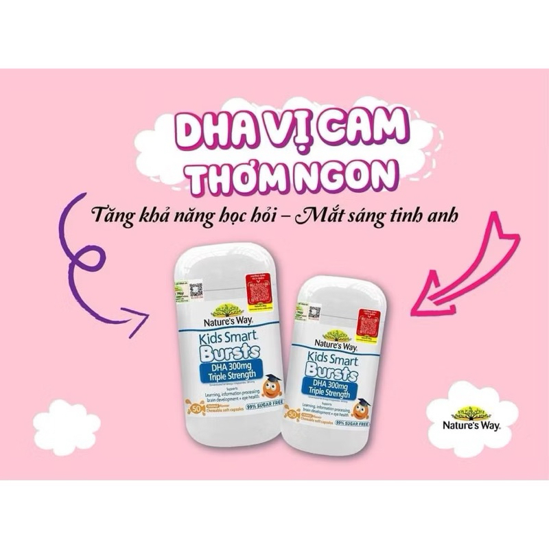Viên nhai kẹo Nature's Way Kids Smart Bursts DHA 300mg Triple Strength hỗ trợ phát triển não bộ cho bé 50 viên