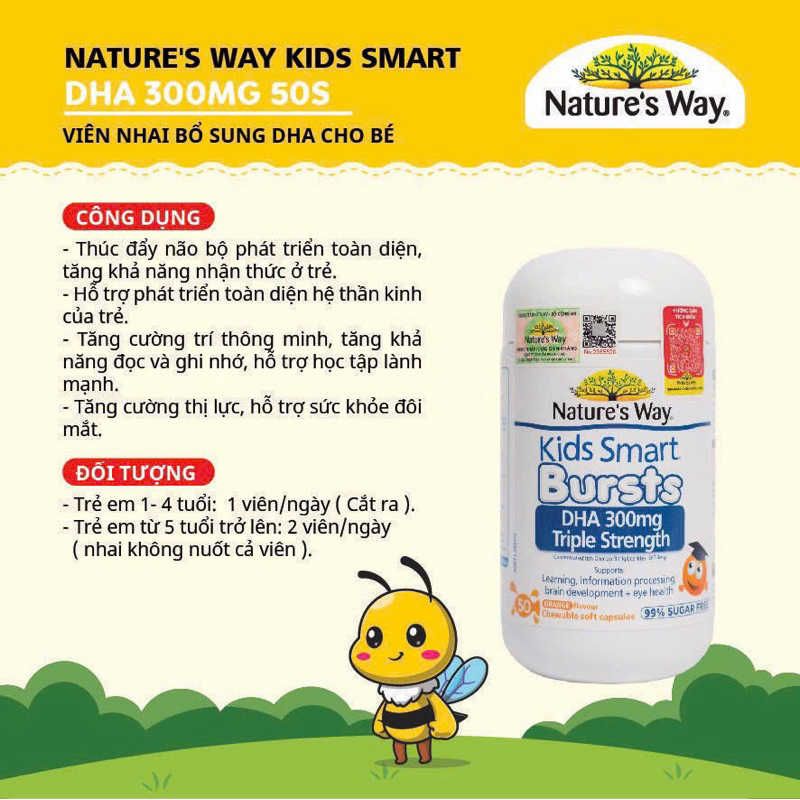 Viên nhai kẹo Nature's Way Kids Smart Bursts DHA 300mg Triple Strength hỗ trợ phát triển não bộ cho bé 50 viên