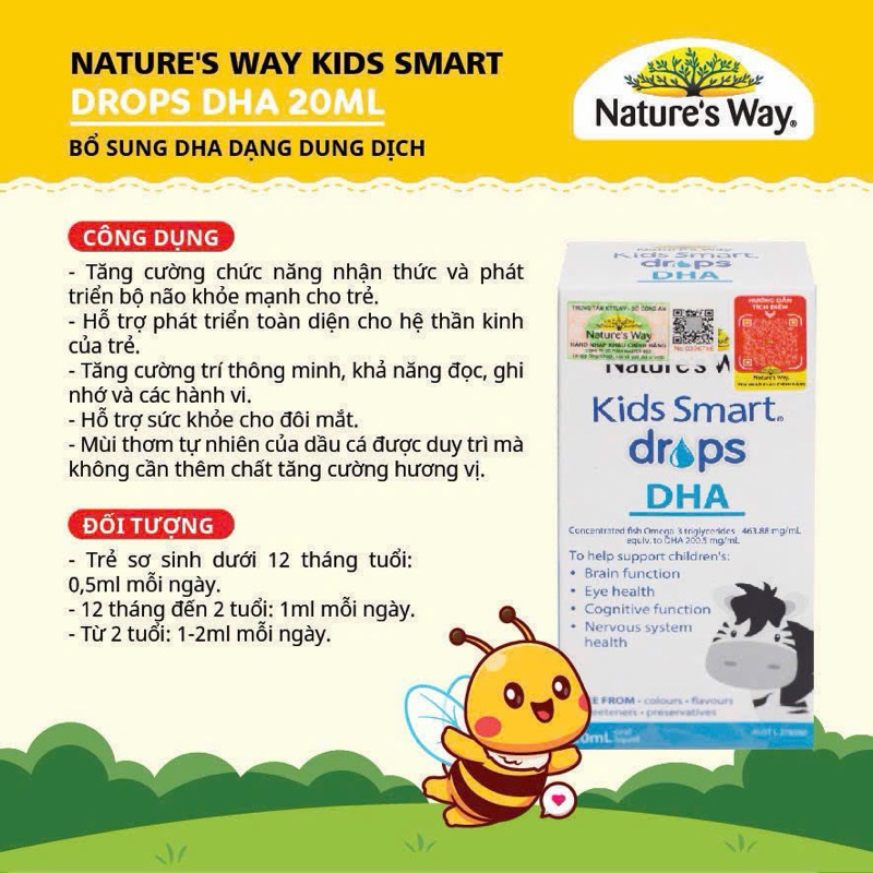 DHA Kids Smart Nature's Way dạng giọt  bổ sung Omega3 DHA dạng nước cho bé (Hộp 20ml)