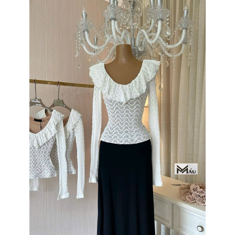 Áo body ren dài tay hàng hai lớp loại 1 phối cổ bèo mix đồ xinh xỉu hàng có sẵn