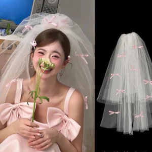 Voan cô dâu đính nơ ruy băng hồng và trắng xinh