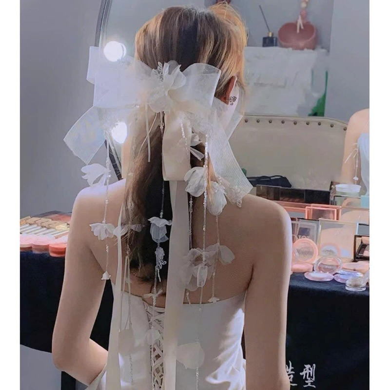 Kẹp nơ hoa voan ruy băng cô dâu xinh