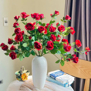 Hoa hồng lụa đẹp cao cấp nhập khẩu hoa giả trang trí decor 1 cành 6 bông to