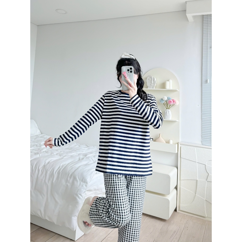 Sét bộ dài tay thu đông, sét đồ dài áo kẻ sọc quần dài kate hoạ tiết caro JULY fashion, đồ bộ mặt nhà dài tay cho nữ