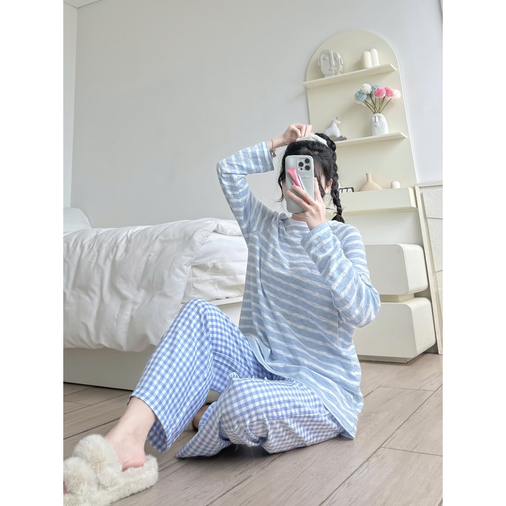 Sét bộ dài tay thu đông, sét đồ dài áo kẻ sọc quần dài kate hoạ tiết caro JULY fashion, đồ bộ mặt nhà dài tay cho nữ
