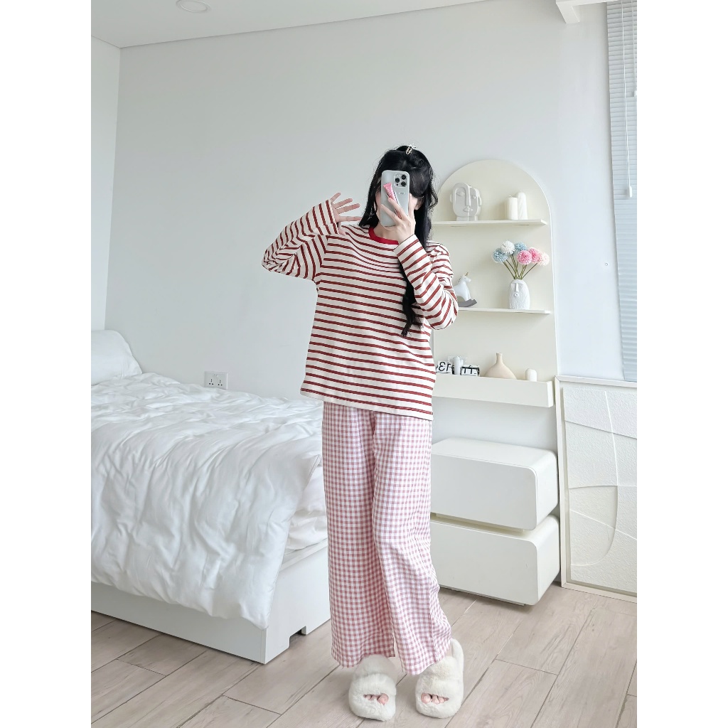 Sét bộ dài tay thu đông, sét đồ dài áo kẻ sọc quần dài kate hoạ tiết caro JULY fashion, đồ bộ mặt nhà dài tay cho nữ