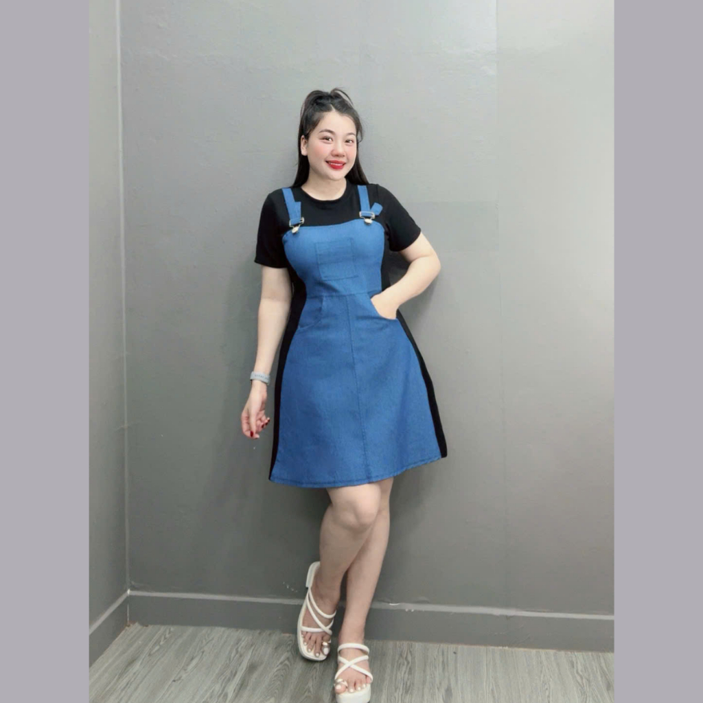 Váy Yếm Jean Big Size Nữ, Đầm Yếm Bò Big Size Vải Jean Giấy Phối Thun Ruby Cho Các Nàng Chubby Đầm Jean
