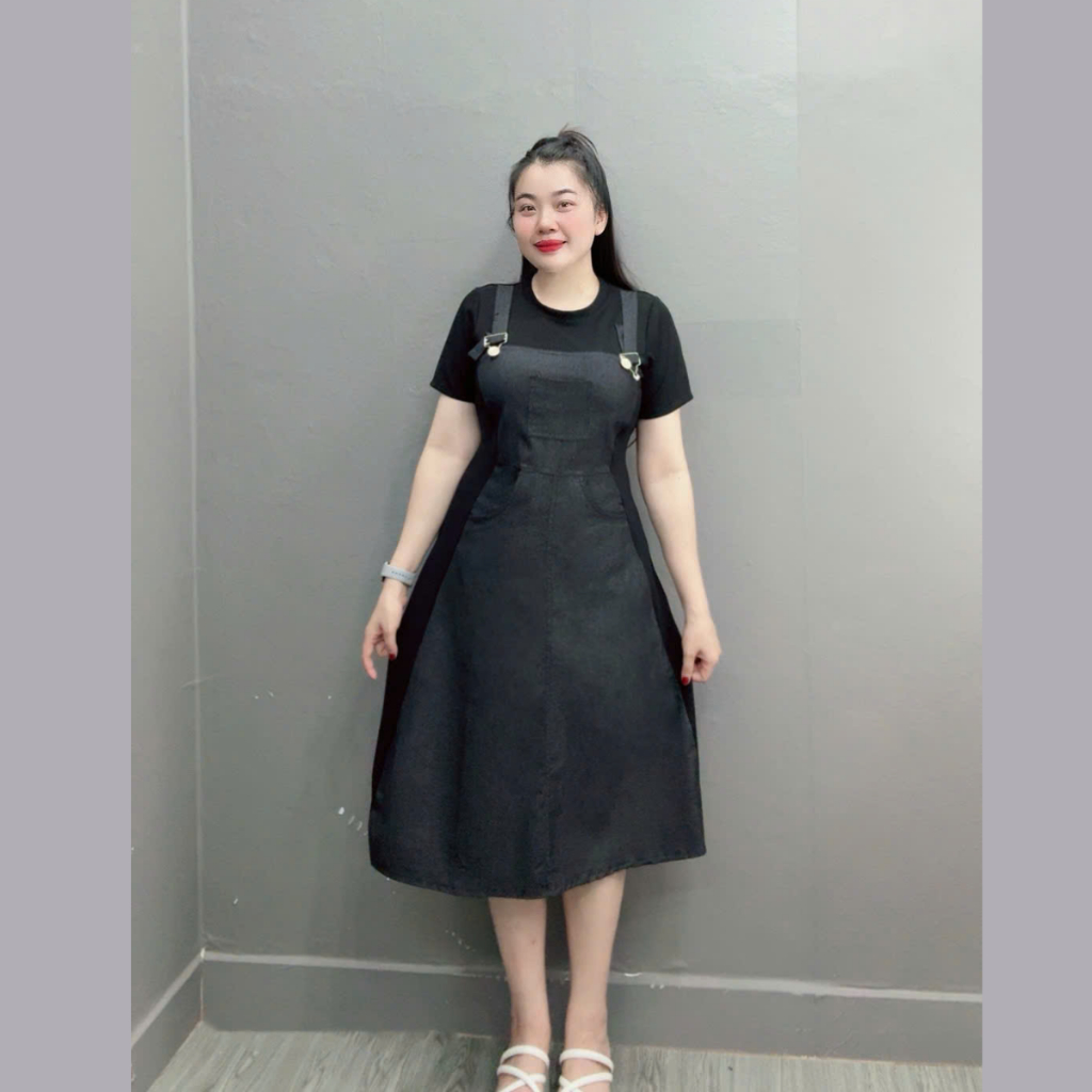 Váy Yếm Jean Big Size Nữ, Đầm Yếm Bò Big Size Vải Jean Giấy Phối Thun Ruby Cho Các Nàng Chubby Đầm Jean