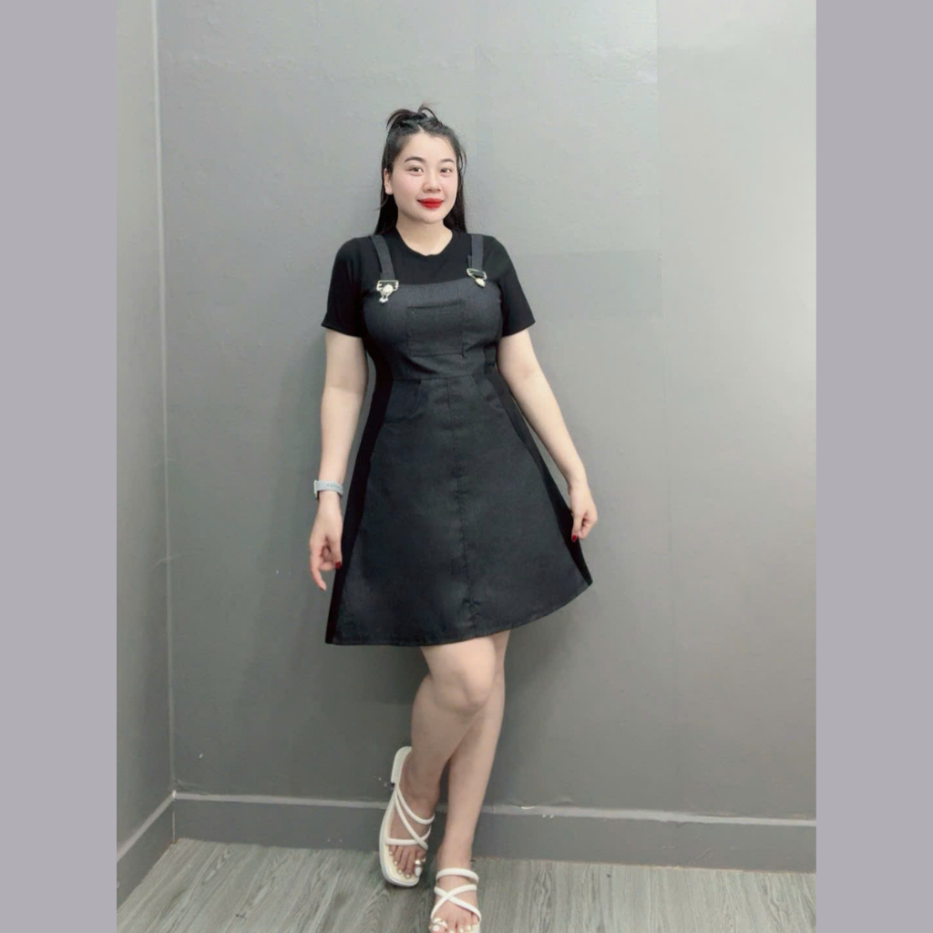Váy Yếm Jean Big Size Nữ, Đầm Yếm Bò Big Size Vải Jean Giấy Phối Thun Ruby Cho Các Nàng Chubby Đầm Jean