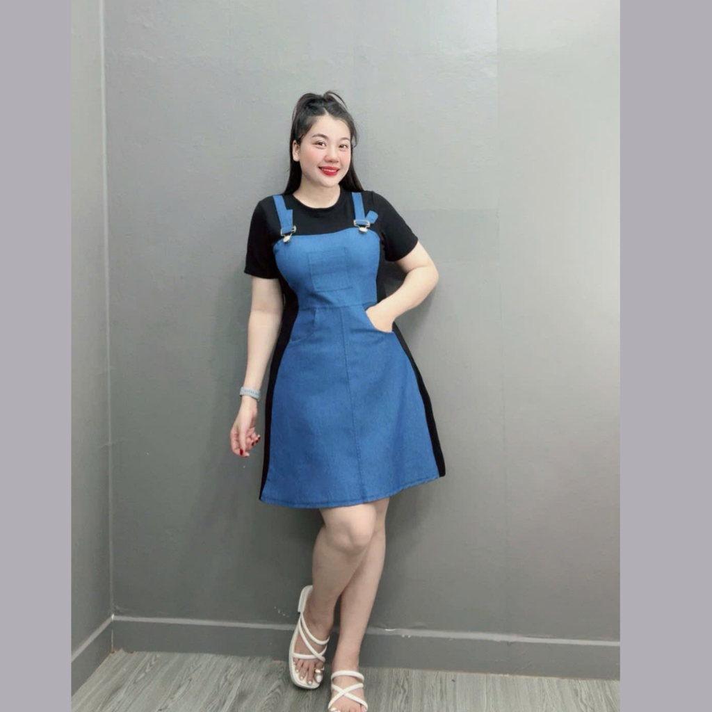 Váy Yếm Jean Big Size Nữ, Đầm Yếm Bò Big Size Vải Jean Giấy Phối Thun Ruby Cho Các Nàng Chubby Đầm Jean