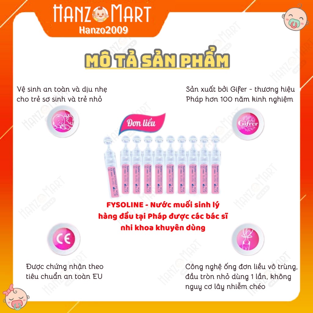 Nước muối sinh lý cho bé Fysoline Pháp hồng / vàng 5 ống x 5ml