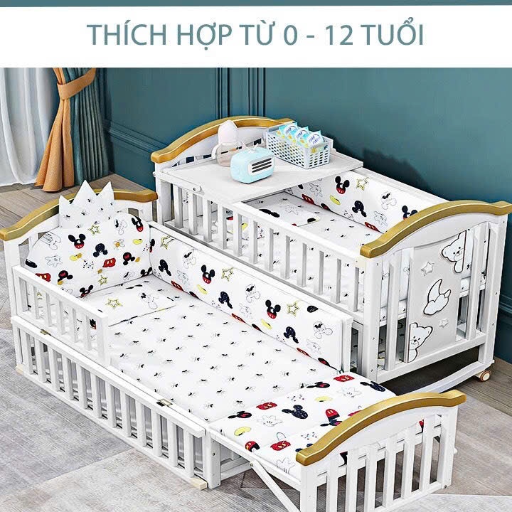 Cũi cho bé đa năng 6in1, cũi trắng cao cấp cỡ lớn ghép chung giường bố mẹ,( Tương tự Chilux)