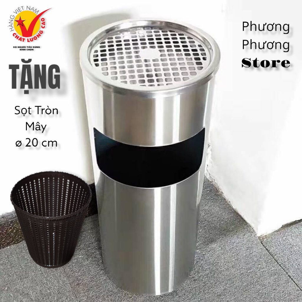 Thùng rác inox tròn, thùng rác inox gạt tàn tròn ( Tặng sọt tròn mây ...