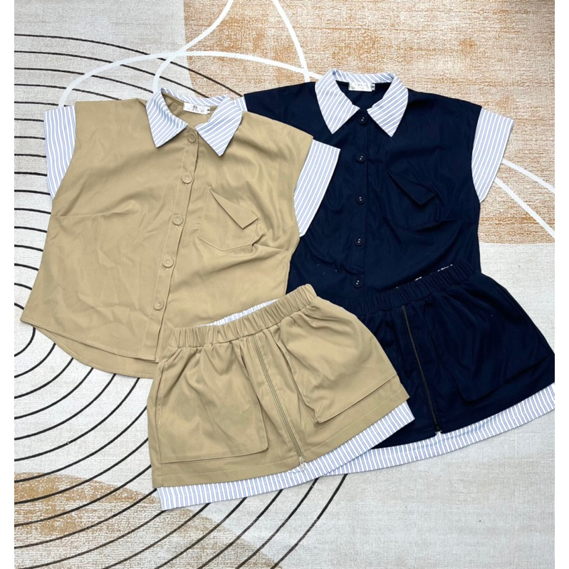 Set áo kaki phối cổ kẻ hai màu xanh than, vàng siêu xinh