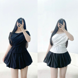 Set váy bí vải lụa dễ thương kết hợp cùng áo thun trễ vai chất borip mềm mịn trẻ trung cá tính mặc thoải mái SET920