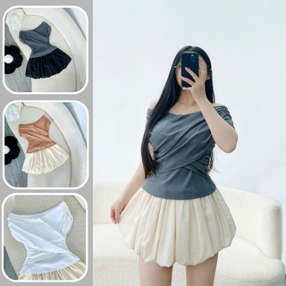 Set váy bí vải lụa dễ thương kết hợp cùng áo thun trễ vai chất borip mềm mịn trẻ trung cá tính mặc thoải mái SET920