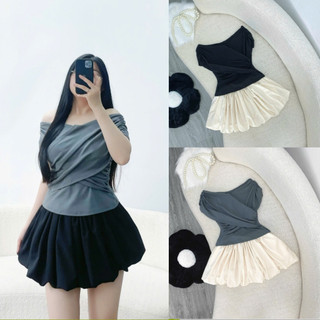 Set váy bí vải lụa dễ thương kết hợp cùng áo thun trễ vai chất borip mềm mịn trẻ trung cá tính mặc thoải mái SET920