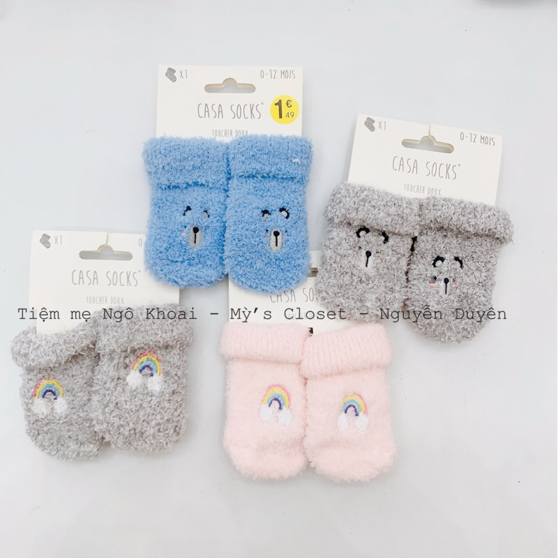 [MD145] 0-12m Tất len xù mềm xuất Pháp hoạ tiết thêu xinh xắn giữ ấm cho bé