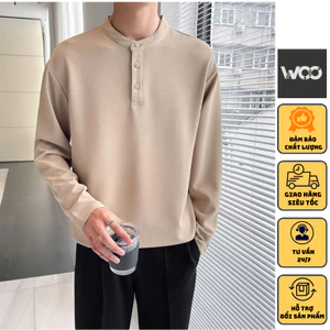 Áo Thun Nam Tay Dài Cổ Tàu Woo Chất Vải Nỉ Dày Dặn Co Giãn 4 Chiều Mềm Mại Kiểu Dáng Hàn Quốc