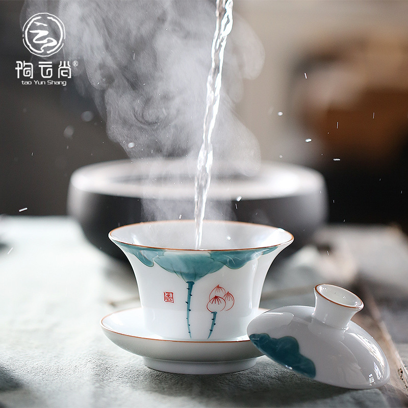 Chén Khải sứ trắng Bạch Định thấu quang vẽ tay Liên Hoa 175 ml